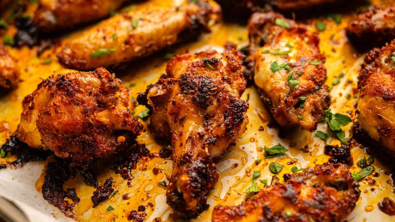 Close-up of baked chicken wings coated in seasoning, garnished with chopped herbs, and resting on a parchment-lined baking sheet.