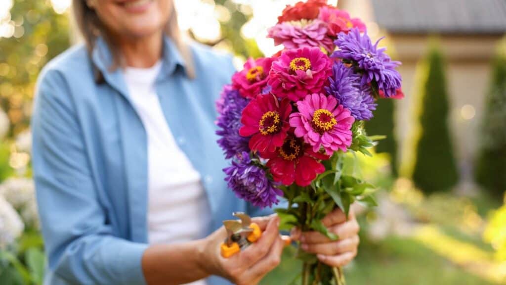 A person holding a bouquet of pink and purple flowers and pruning shears stands outdoors in a cut flower garden.
