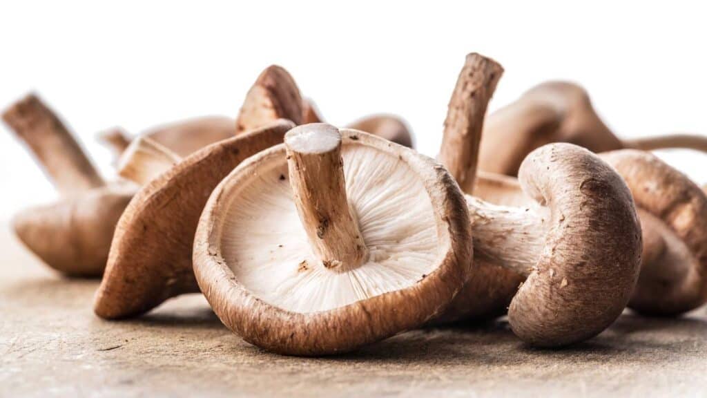 Several brown mushrooms, some with stems up and others with caps up, are placed on a light wooden surface against a white background.