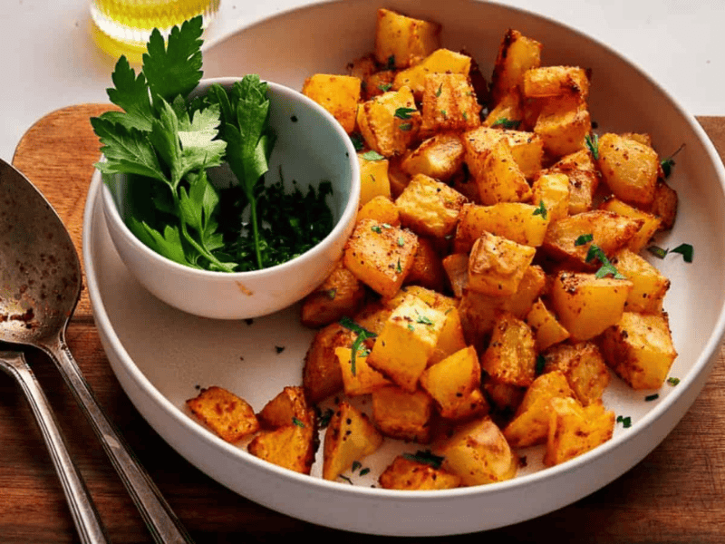 Breakfast potatoes with parsley on a wooden cutting board.