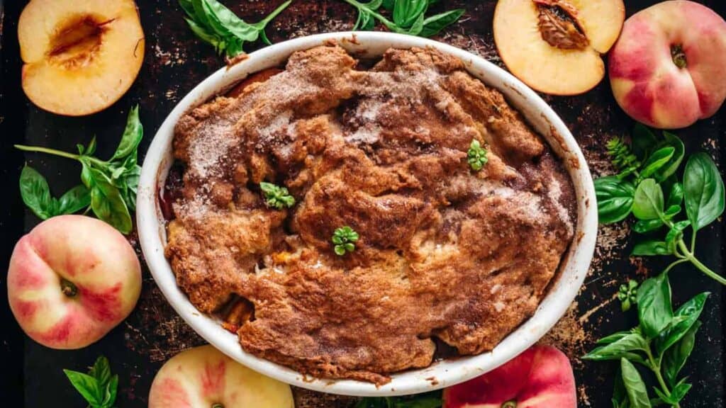 A baked peach cobbler in an oval dish, surrounded by fresh peaches and basil leaves on a dark surface.