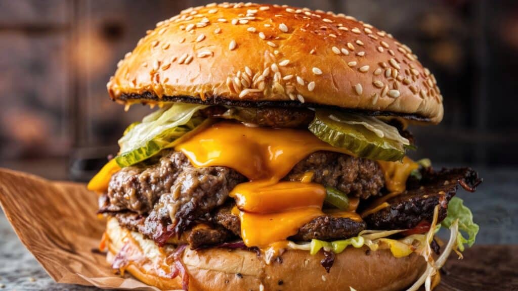 A cheeseburger with two beef patties, melted cheddar cheese, pickles, lettuce, onions, and sauce in a sesame seed bun.