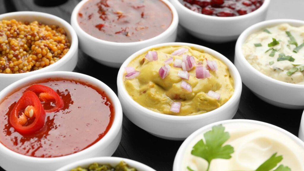 Assorted dips and sauces in small white bowls, including mustard, creamy dips with chopped onions, and red sauces with sliced peppers, arranged closely together on a black surface.