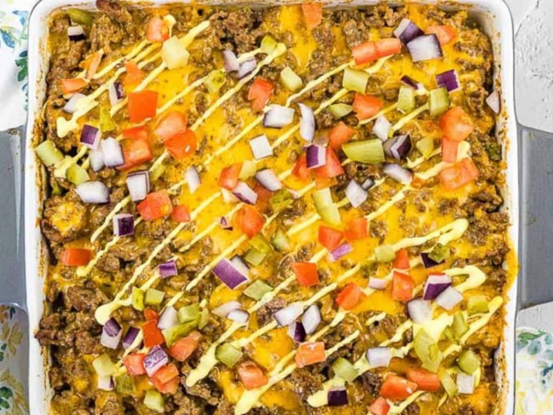 Cheeseburger Casserole in a baking dish.