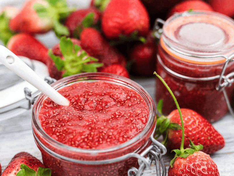 Sugar Free Strawberry Jam in a glass container.