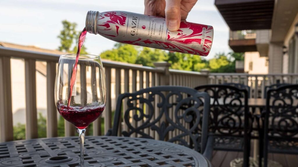 A hand pours red wine from a decorative can into a wine glass on an outdoor patio table with metal chairs.