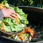 A person adds vegetable scraps and peels to an outdoor compost bin surrounded by green foliage.
