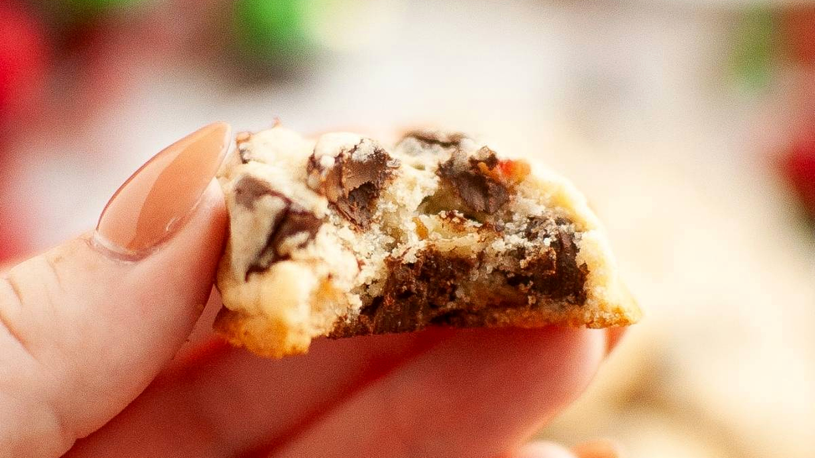 A hand holding a partially eaten Cranberry chocolate chip cookie in focus, with a blurred background.