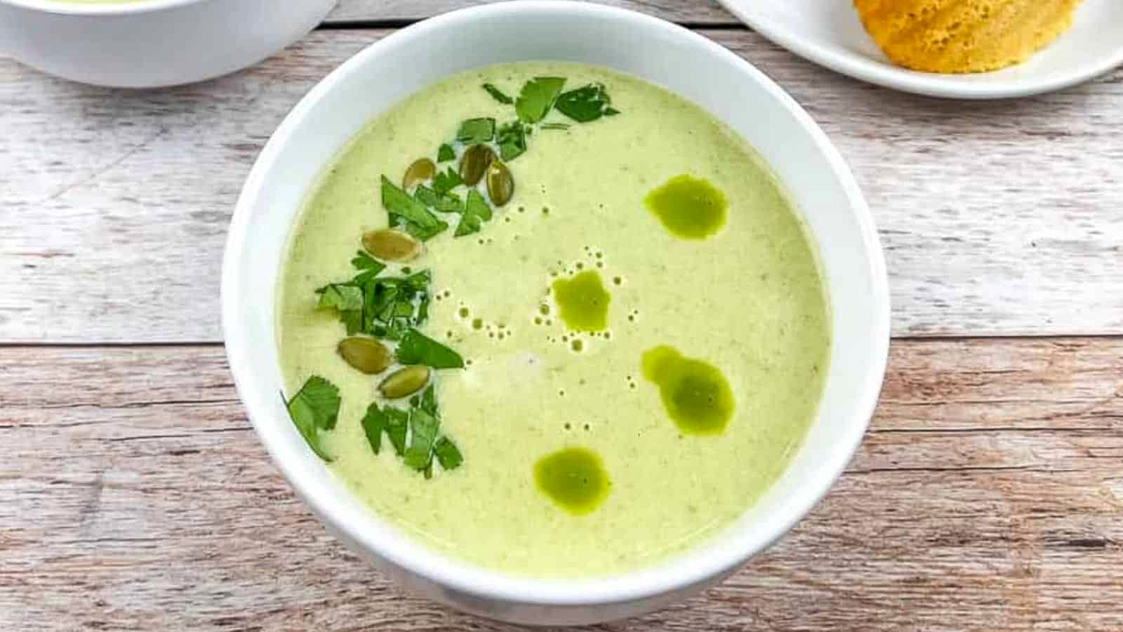 Cream of Jalapeno Soup in a white bowl.