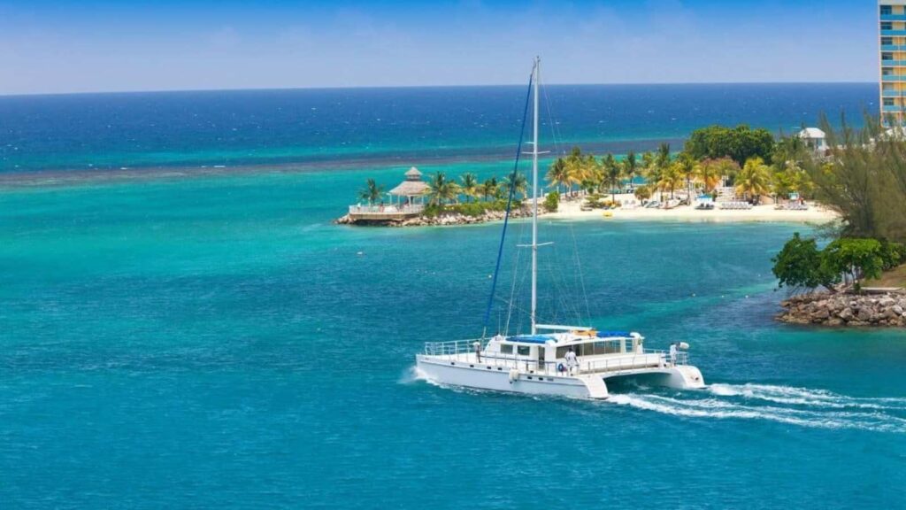 A white catamaran sails on turquoise water near a tropical island with palm trees and a sandy beach under a clear blue sky.