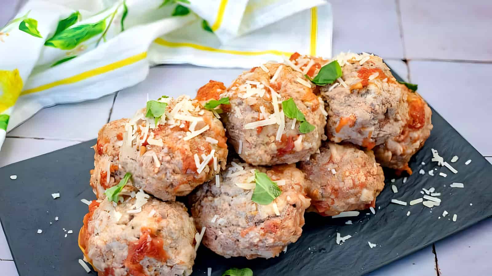 A stack of giant meatballs garnished with grated cheese and fresh herbs served on a black rectangular slate plate.
