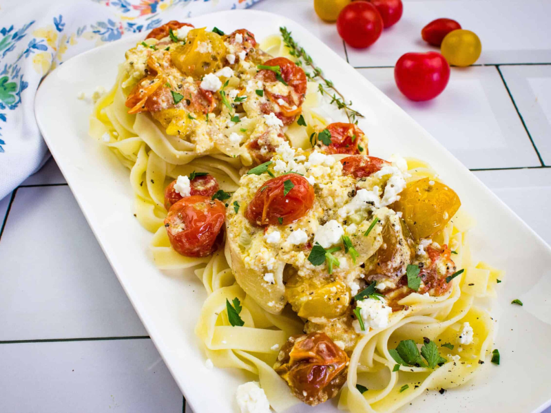 Baked Feta Pasta on a platter.