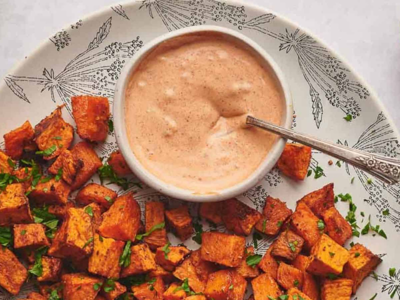 Dipping sauce in a small bowl surrounding by sweet potato cubes.