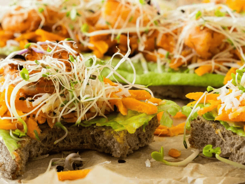 Close-up of open-faced sandwiches topped with avocado, shredded carrot, microgreens, and pieces of cooked salmon on whole-grain bread.