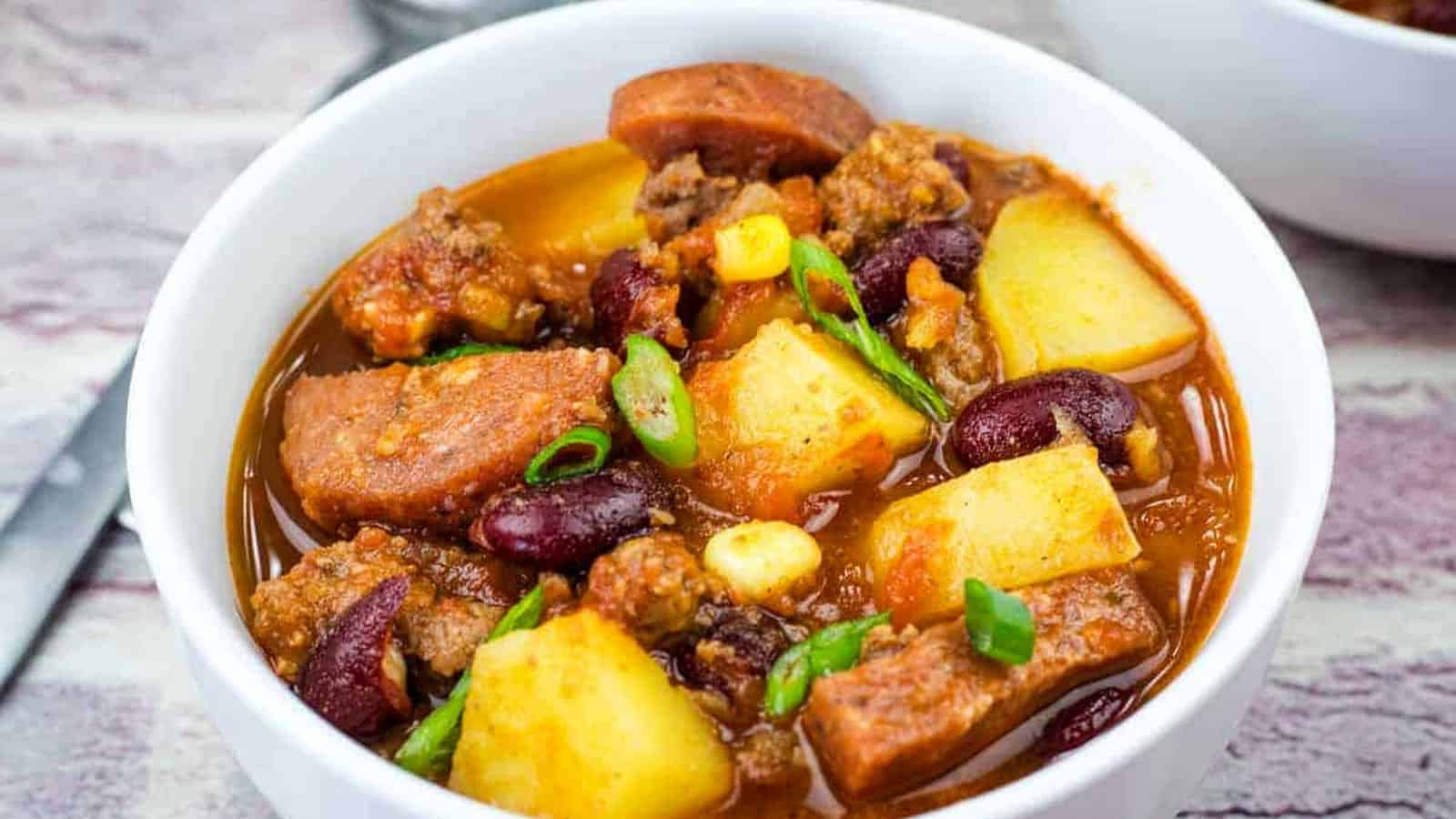 A white bowl of Texas cowboy stew.
