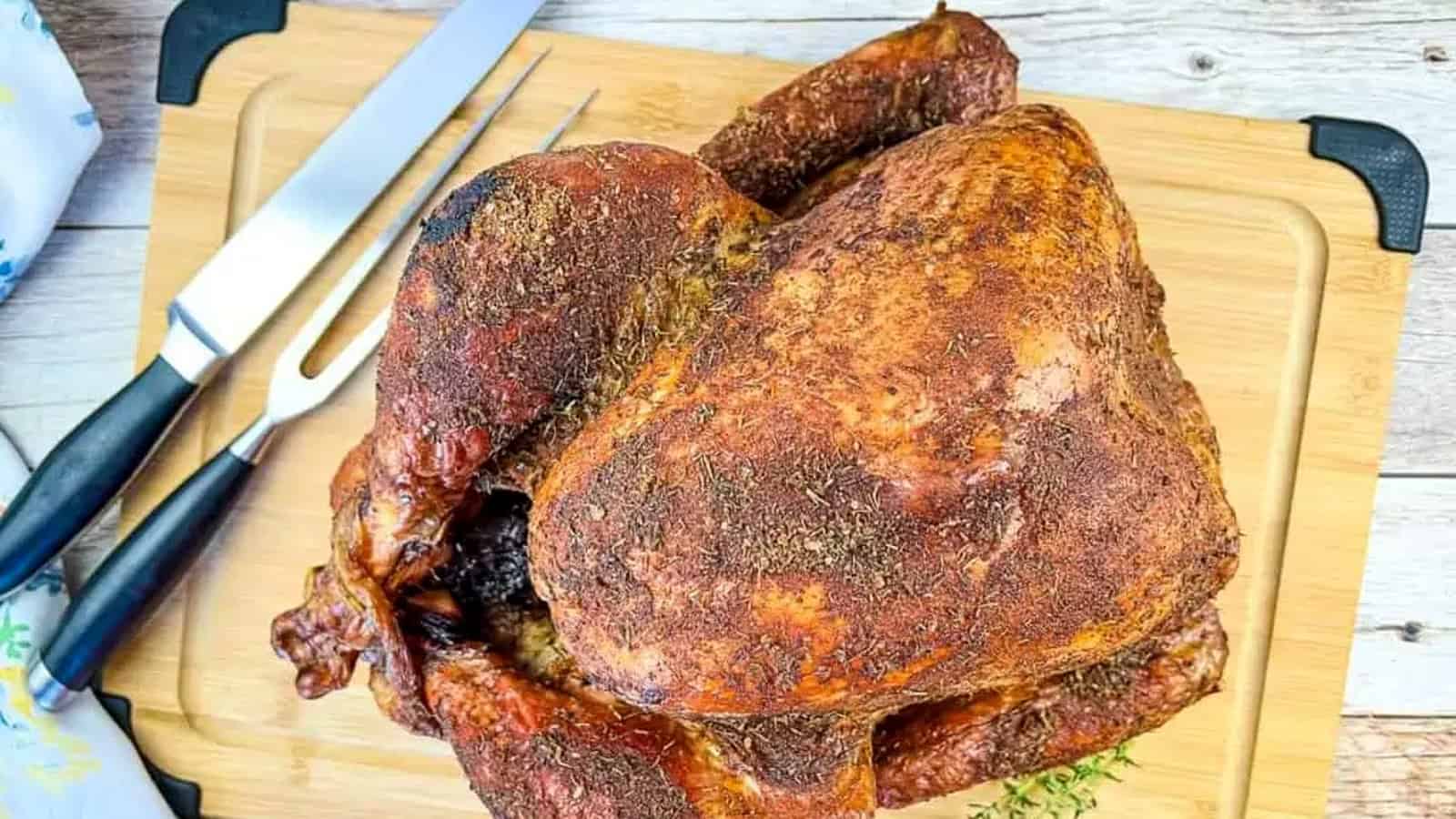 A smoked turkey on a wooden cutting board.