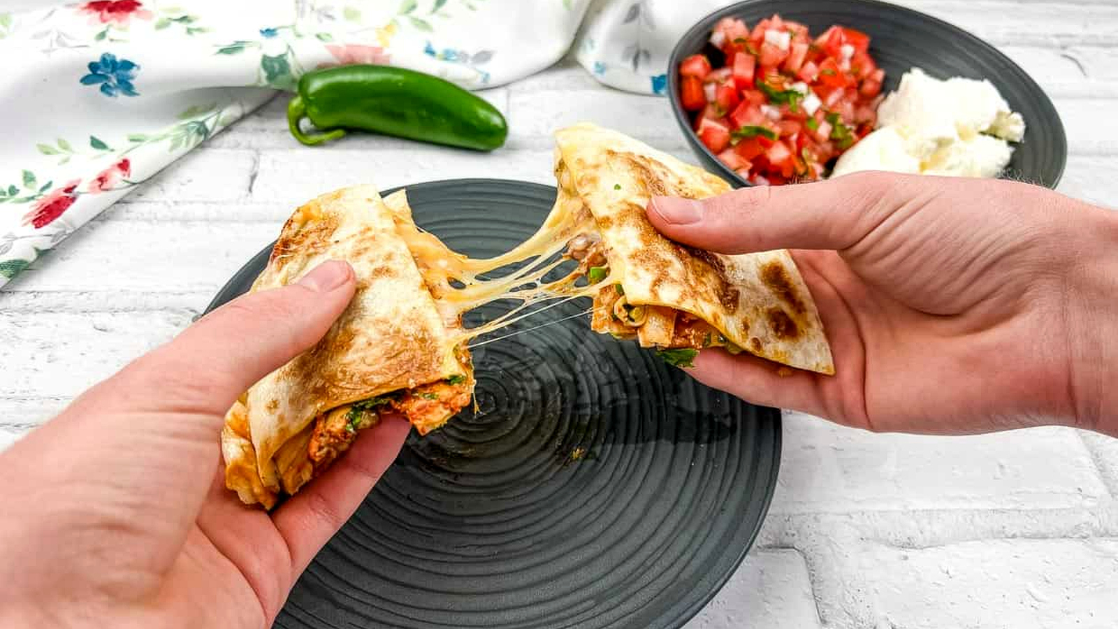 Al pastor chicken quesadillas pulled apart.
