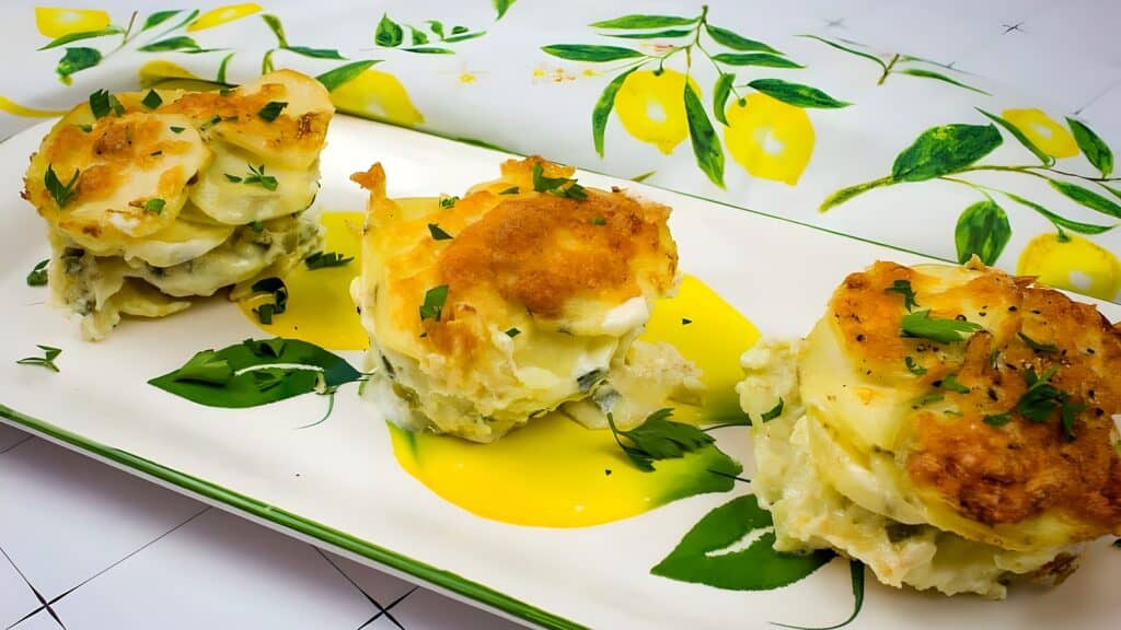 Three servings of scalloped potatoes garnished with chopped herbs are arranged on a rectangular plate with a yellow and green lemon-themed design.