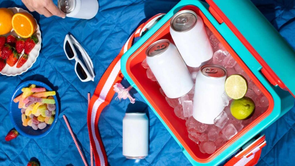 A cooler with ice, canned drinks, and limes is on a blue picnic blanket beside fruit, candy, sunglasses, and a hand holding a can&mdash;perfect for sunny picnics.