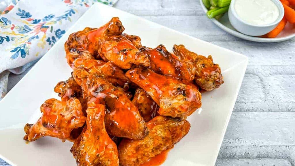 A plate of saucy buffalo chicken wings on a white square dish, with a side of ranch dip, celery, and carrots in the background.