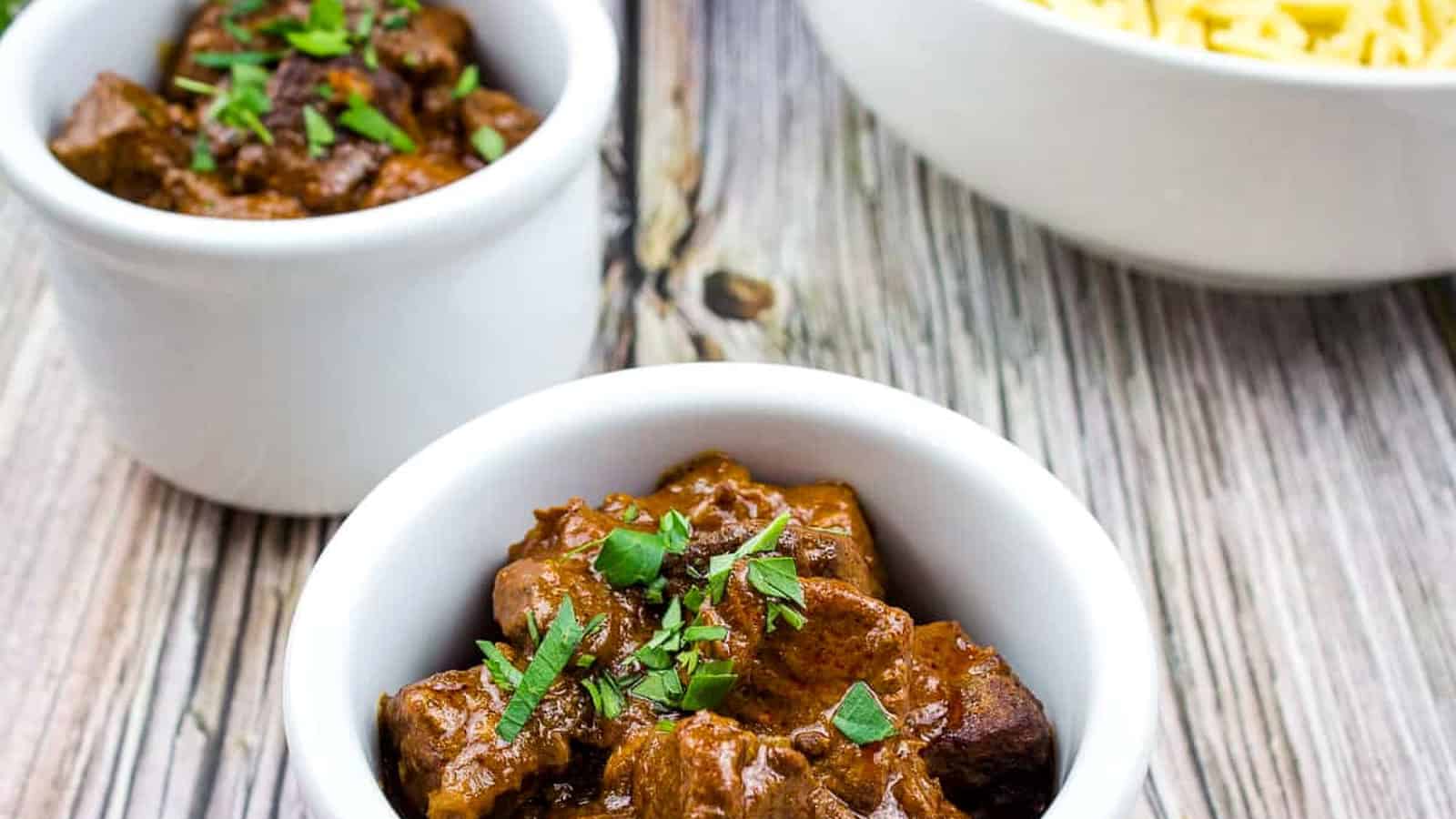Hungarian Goulash in two white bowls.
