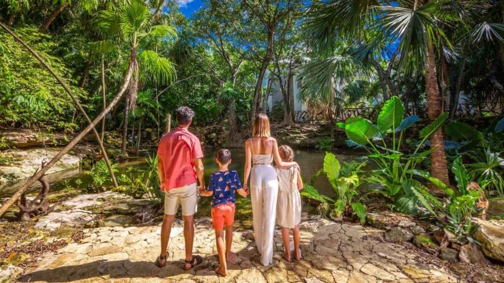 Four people stand on rocky ground facing a lush, green tropical forest with large plants and trees under a bright blue sky.
