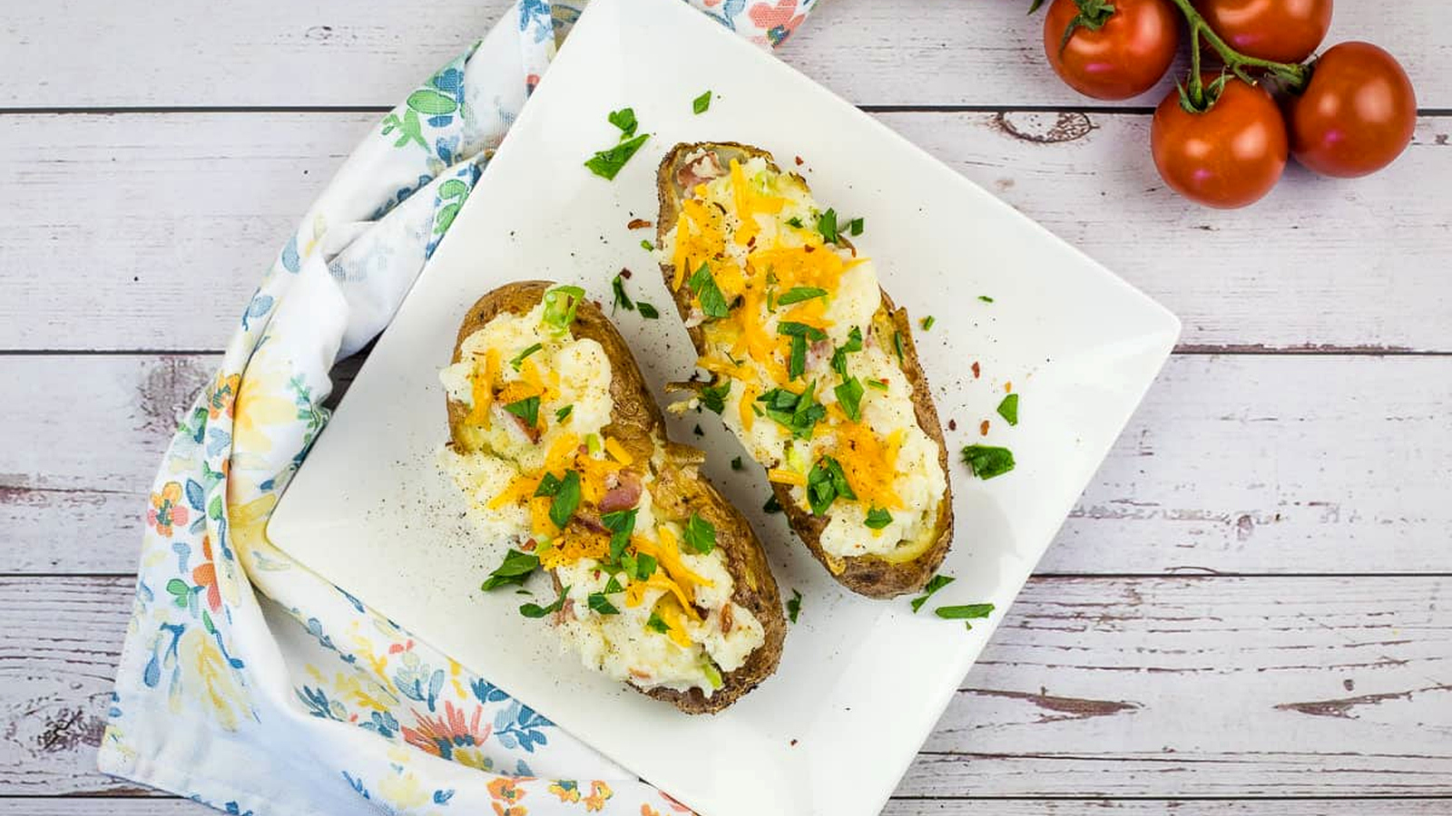 Smoked Double Stuffed Potatoes on a square plate.