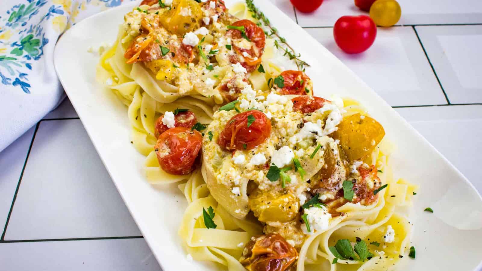 Baked Feta Pasta on a platter.