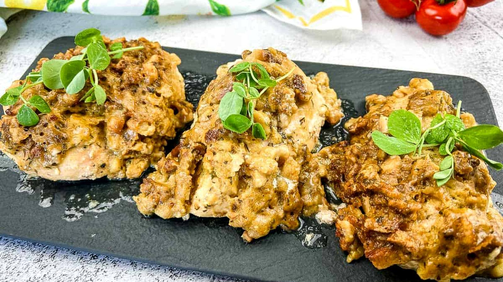 4 ingredient slow cooker chicken on a black platter.