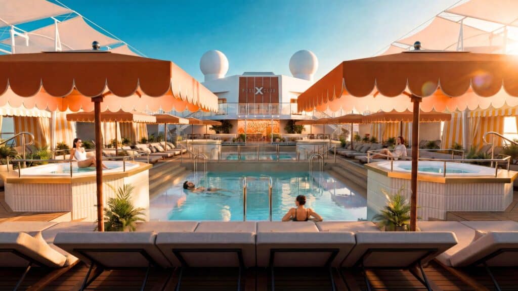 People relax in and around a central pool with hot tubs, sun loungers, and shaded cabanas on an open deck under a clear blue sky.