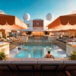 People relax in and around a central pool with hot tubs, sun loungers, and shaded cabanas on an open deck under a clear blue sky.