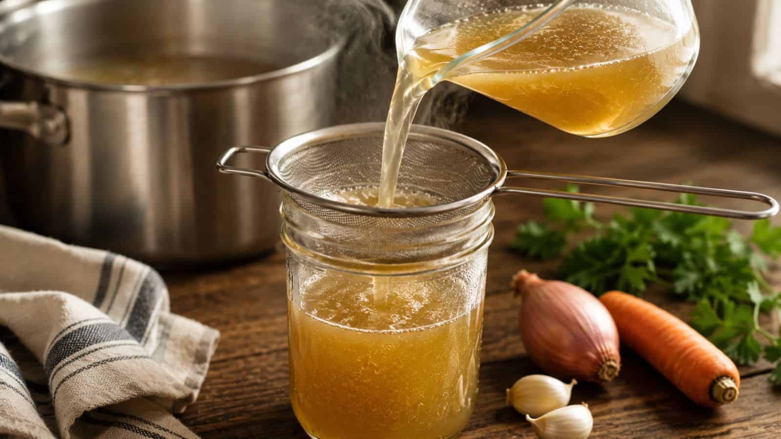 Broth is being poured through a fine mesh strainer into a glass jar, with a pot, carrots, shallots, garlic, and herbs nearby on a wooden surface.