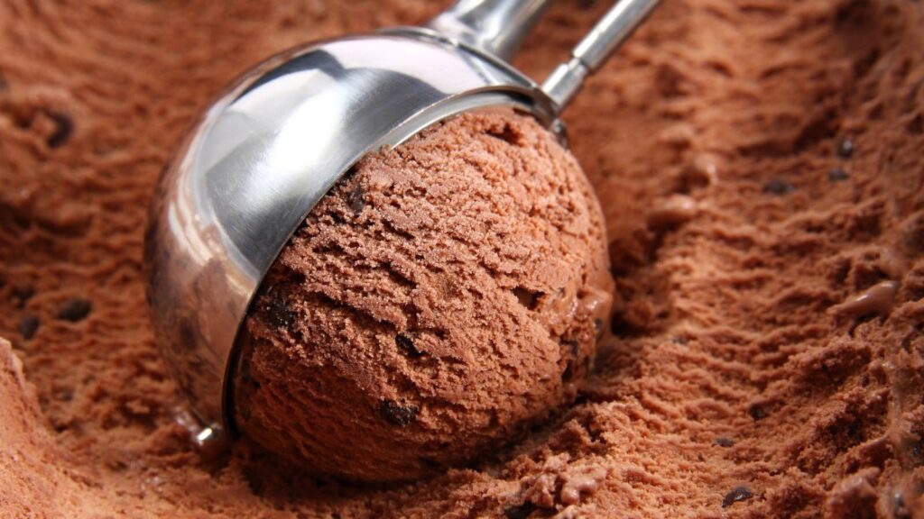 A metal ice cream scoop holding a round scoop of chocolate ice cream, surrounded by more chocolate ice cream.