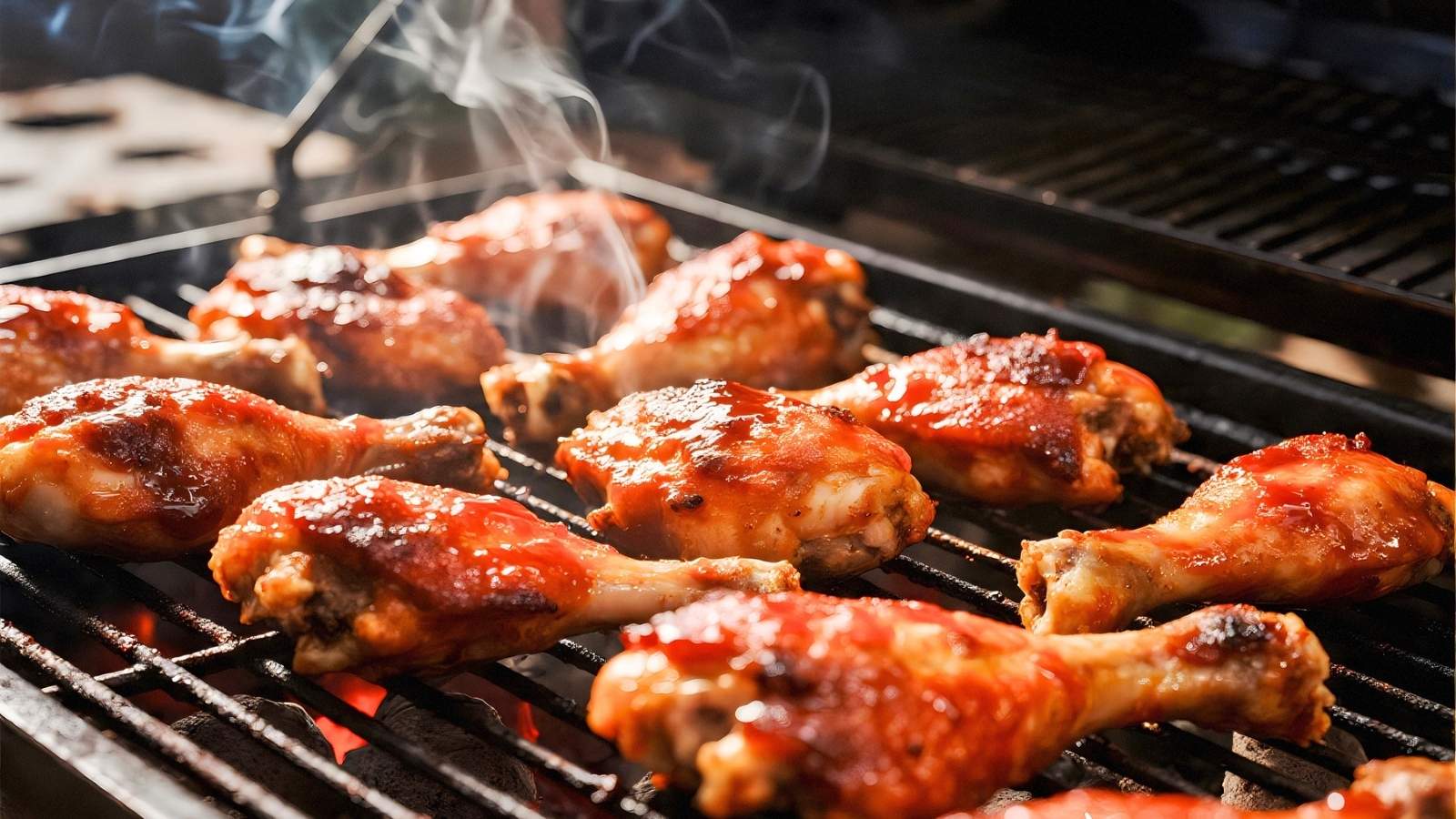 Chicken drumsticks coated in a fiery blend of barbecue sauce and gochujang grilling over an open flame, with smoke rising from the hot grill grates.