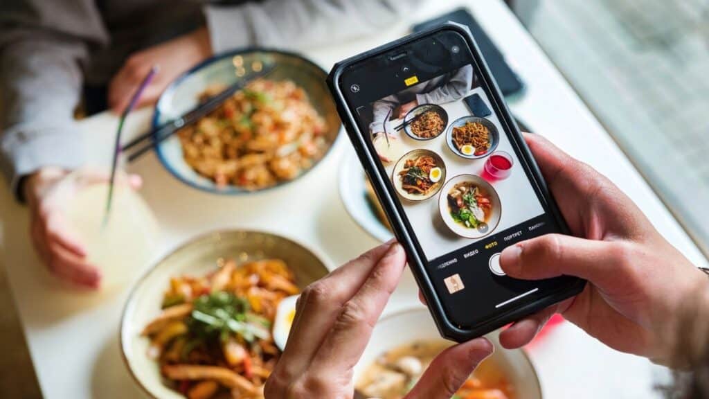 A person holds a smartphone and takes a photo of various dishes on a table, while another person sits across with a drink and food.