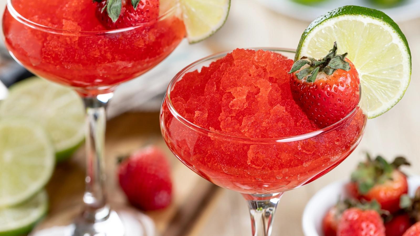 A glass filled with red shaved ice, garnished with a lime slice and a whole strawberry, with more strawberries and lime in the background—perfect for celebrating National Daiquiri Day.