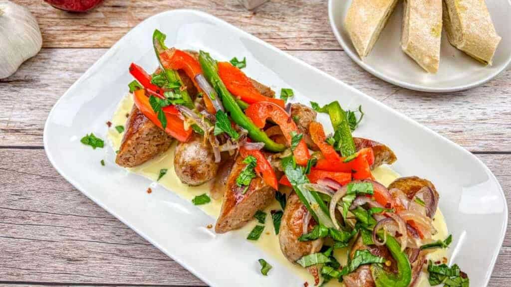 Sliced sausage topped with saut&eacute;ed red and green peppers, onions, and herbs, served on a white rectangular plate with bread on the side.