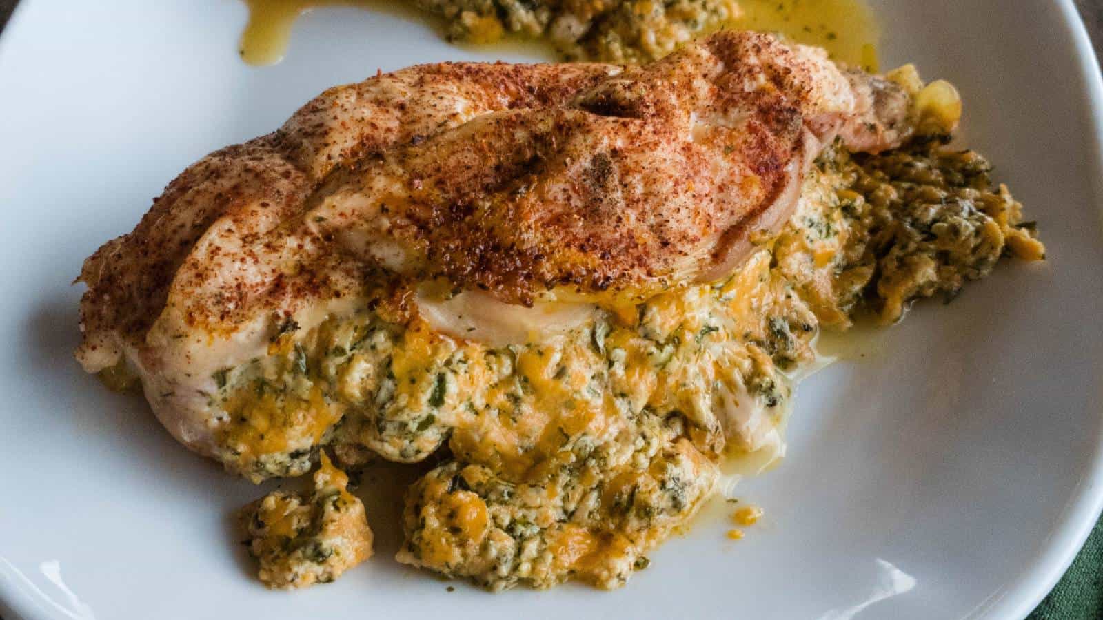 Ruth chris stuffed chicken on a plate, resting on a bed of creamy, cheesy spinach mixture.