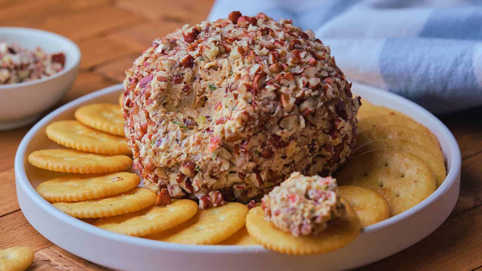 Pineapple cheese ball coated with chopped nuts is placed on a white plate surrounded by round crackers.