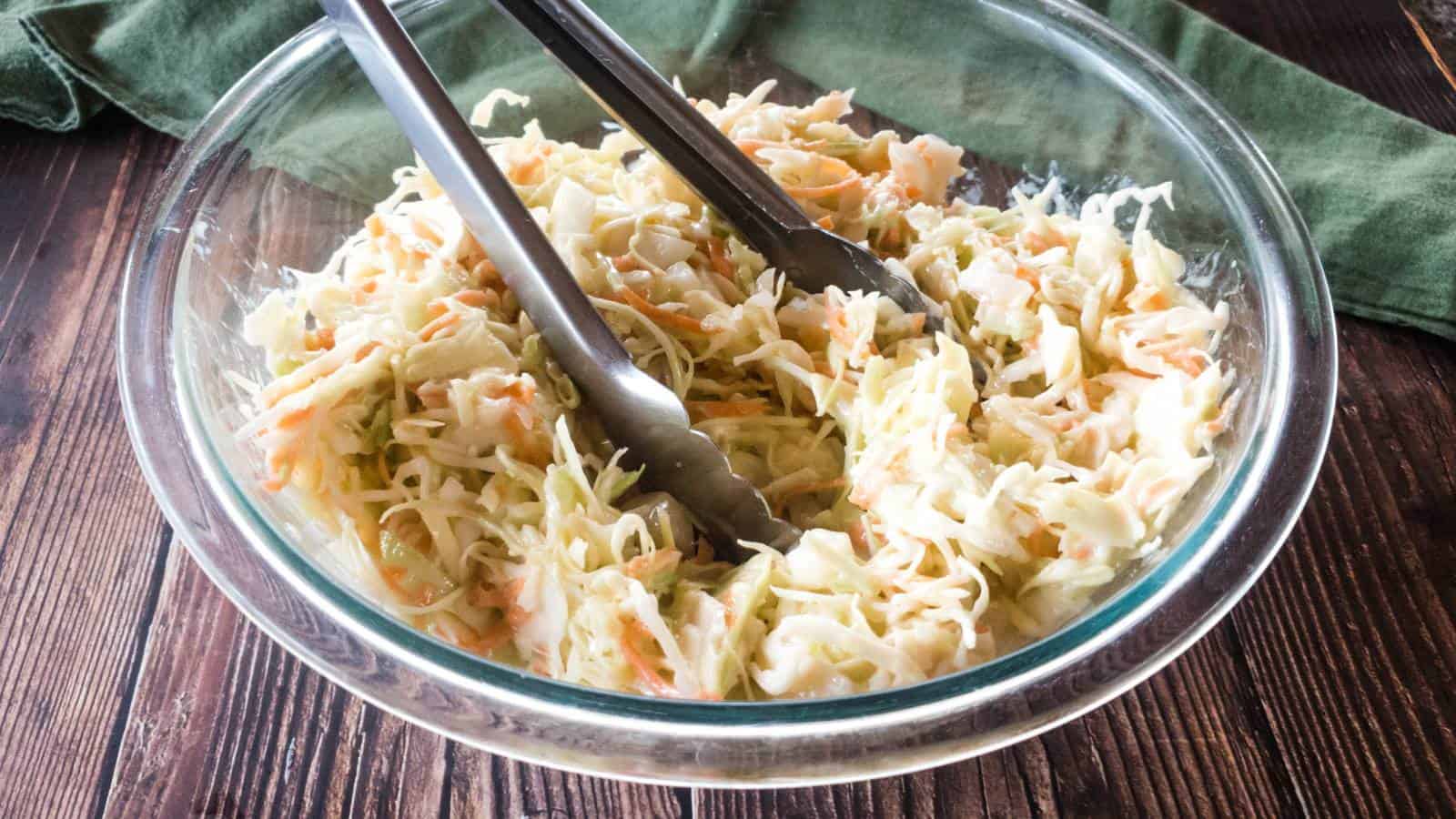 A picture of Popeyes coleslaw copycat recipe in glass bowl.