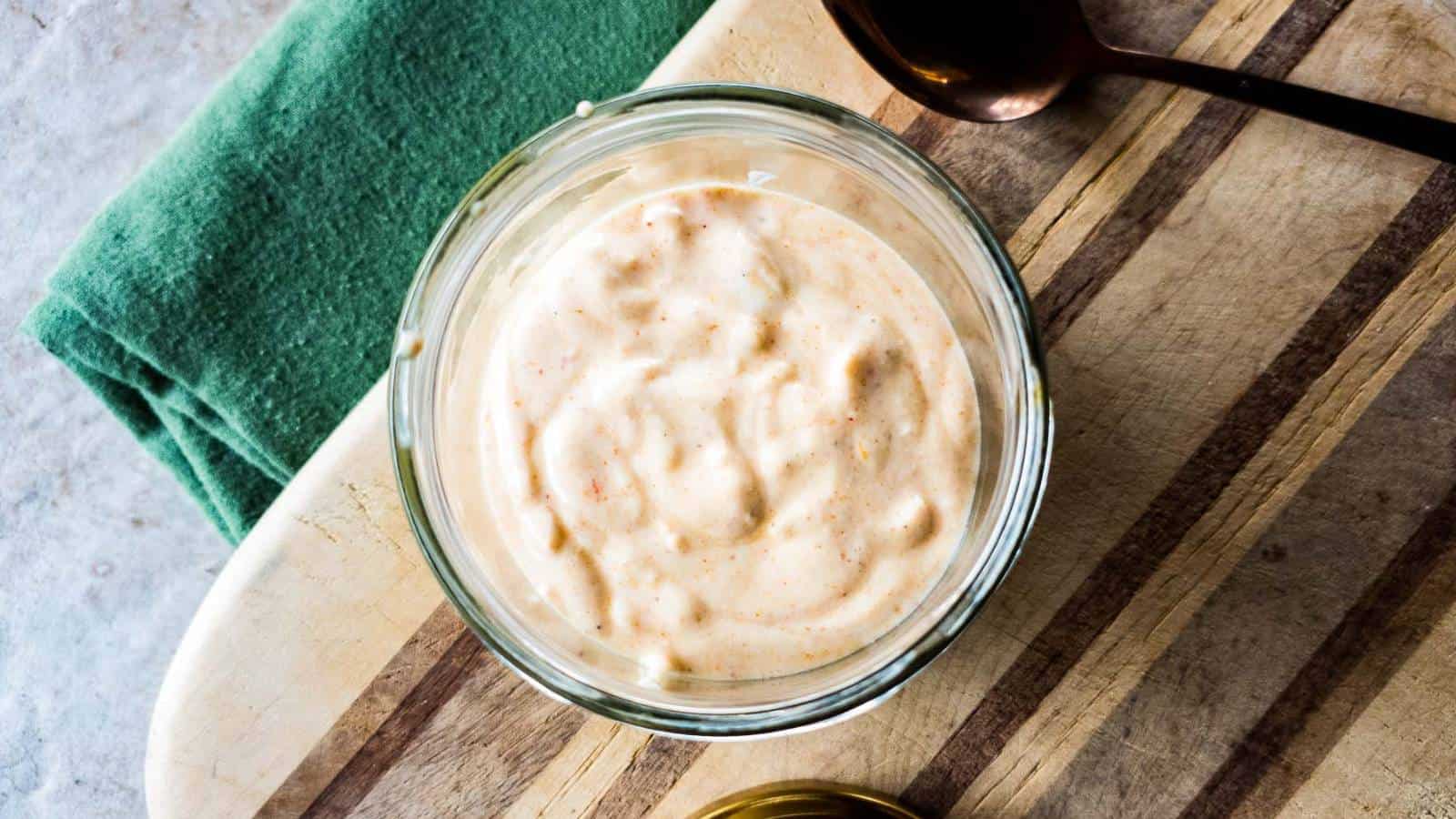 A close-up view of tiger sauce in a glass jar placed on a wooden surface next to a green cloth and a metal spoon.