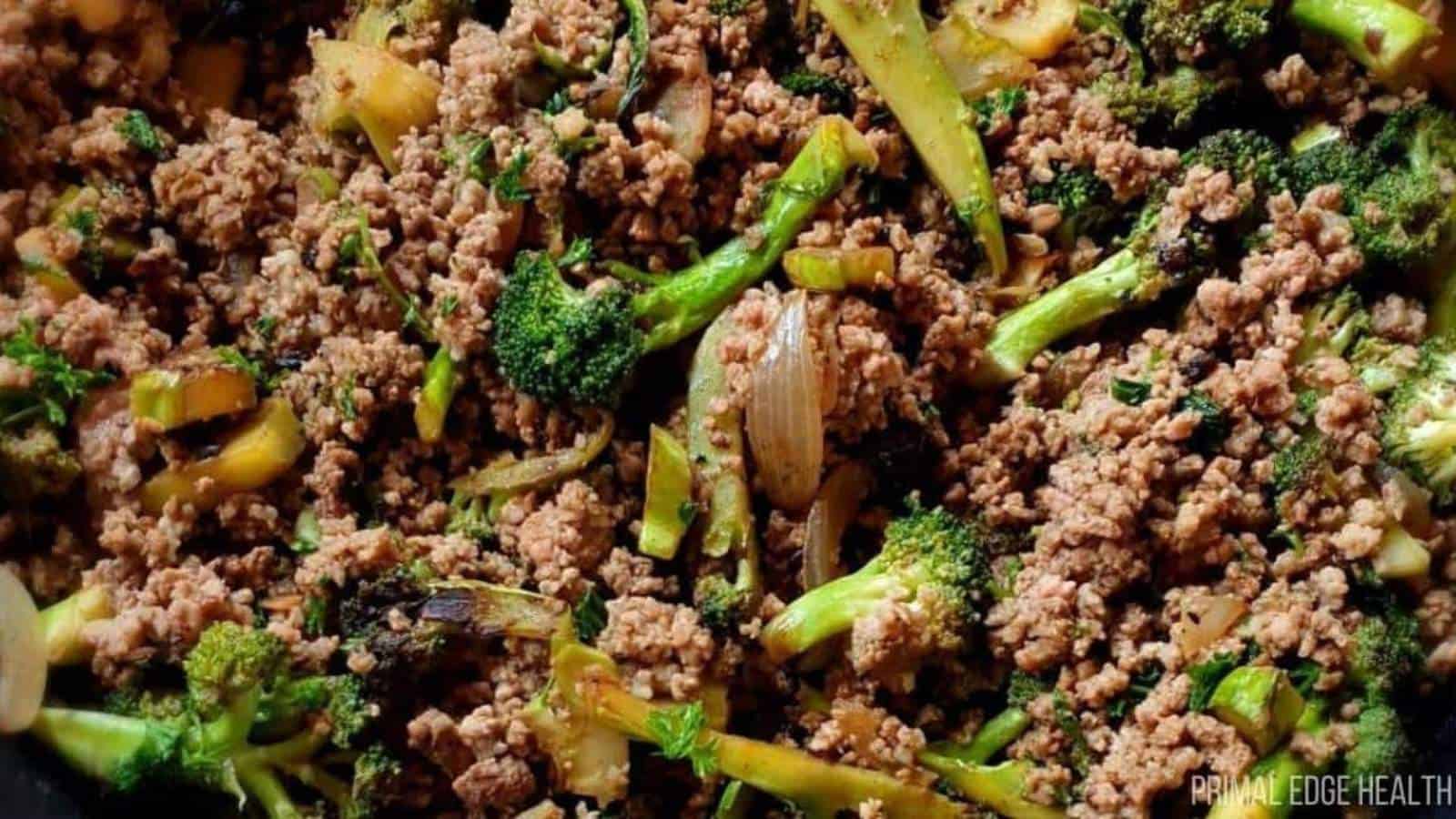 Ground beef and broccoli with onion.