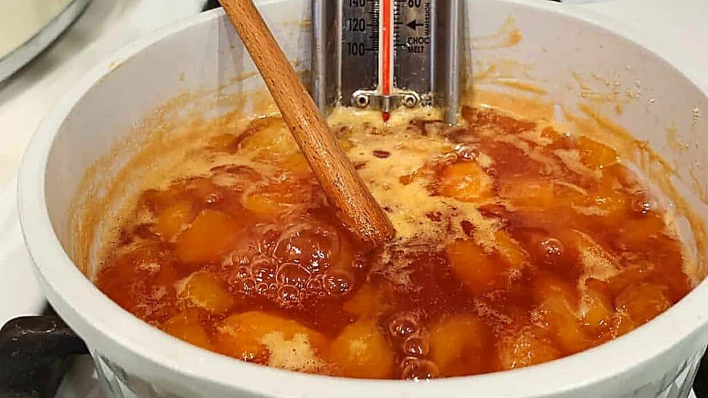 A pot of fruit mixture boiling on the stove with a wooden spoon and a candy thermometer immersed in the liquid.