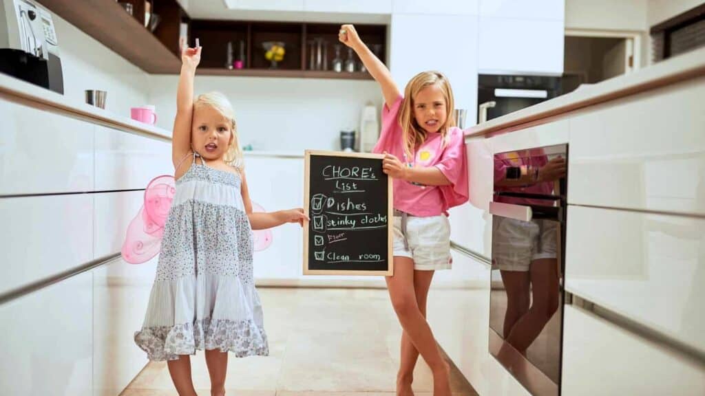 Two young girls stand in a kitchen, one holding a chalkboard with a chore list; both have an arm raised, appearing enthusiastic as if engaged in a playful power struggle over who gets to tackle the next task.