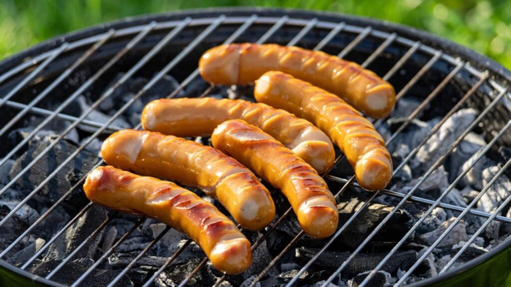 Six grilled sausages with scored tops cooking on a round charcoal grill outdoors, sizzling over the coals as rising cookout costs make every bite more enjoyable, with green grass visible in the background.