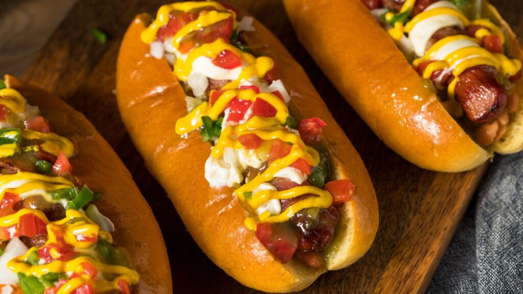 Three delicious hot dogs in buns, topped with chopped onions, tomatoes, relish, and drizzled with mustard, are served on a wooden board.