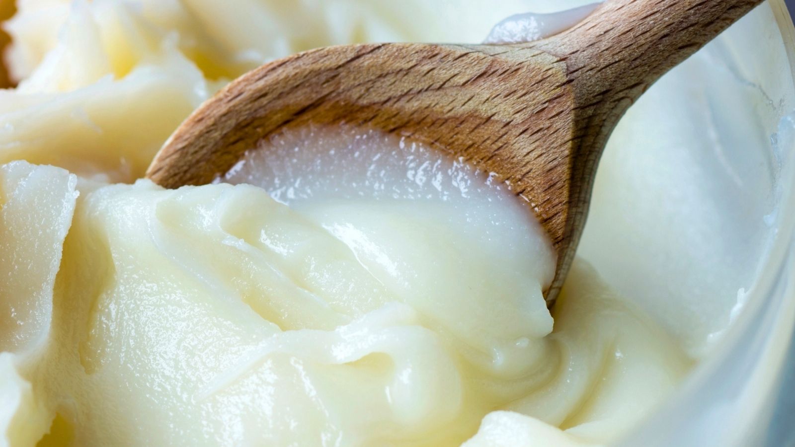 A close-up of a wooden spoon scooping creamy white lard from a container, with rich beef tallow visible alongside.