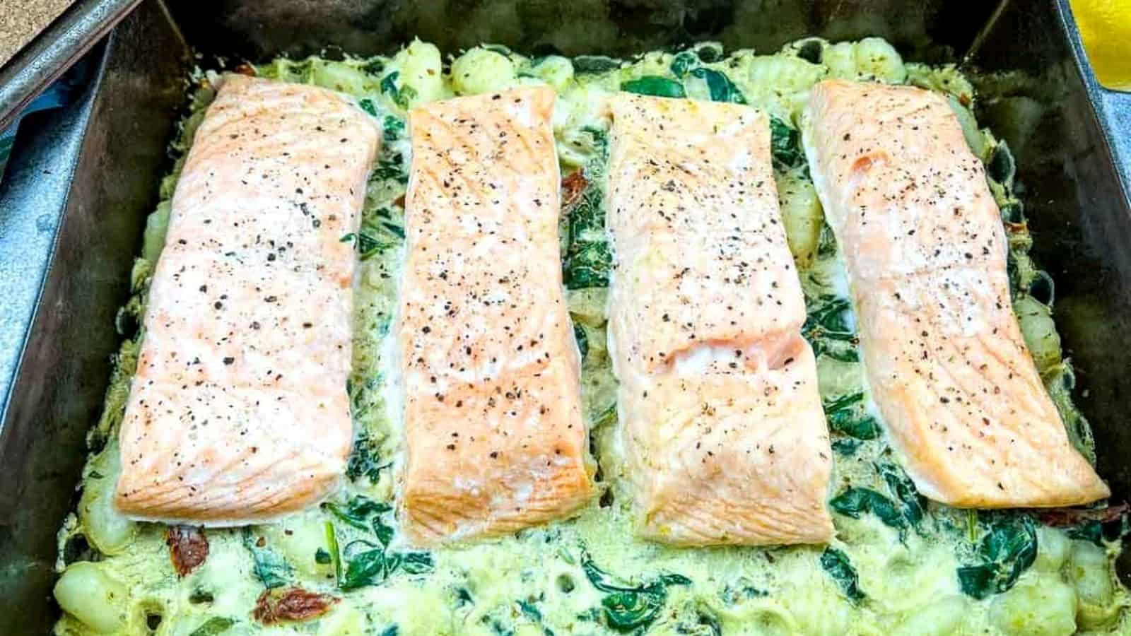 Salmon Gnocchi Bake with Gremolata on a dish.