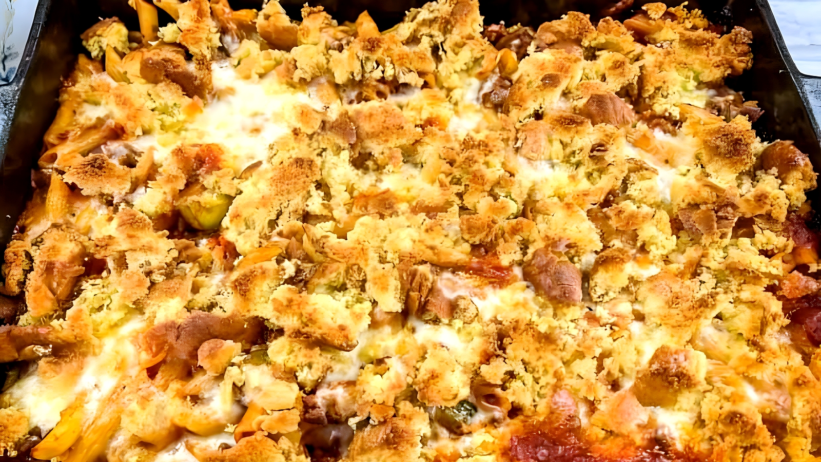 A serving of Sloppy Joe Casserole pasta with meat on a plate with a fork.