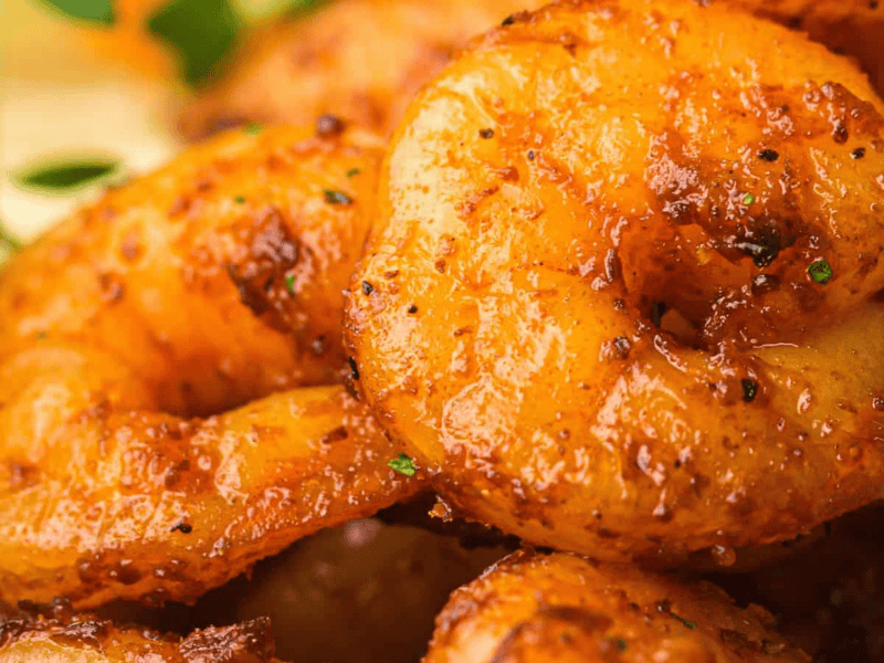 A close-up shot of seasoned, air fryer shrimp garnished with fresh herbs.